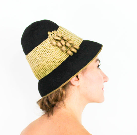 1930s Black & Gold Wool Felt Cloche