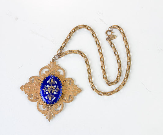 Vintage 1940s Miriam Haskell Necklace, Cobalt Blue Glass Filigree Pendant