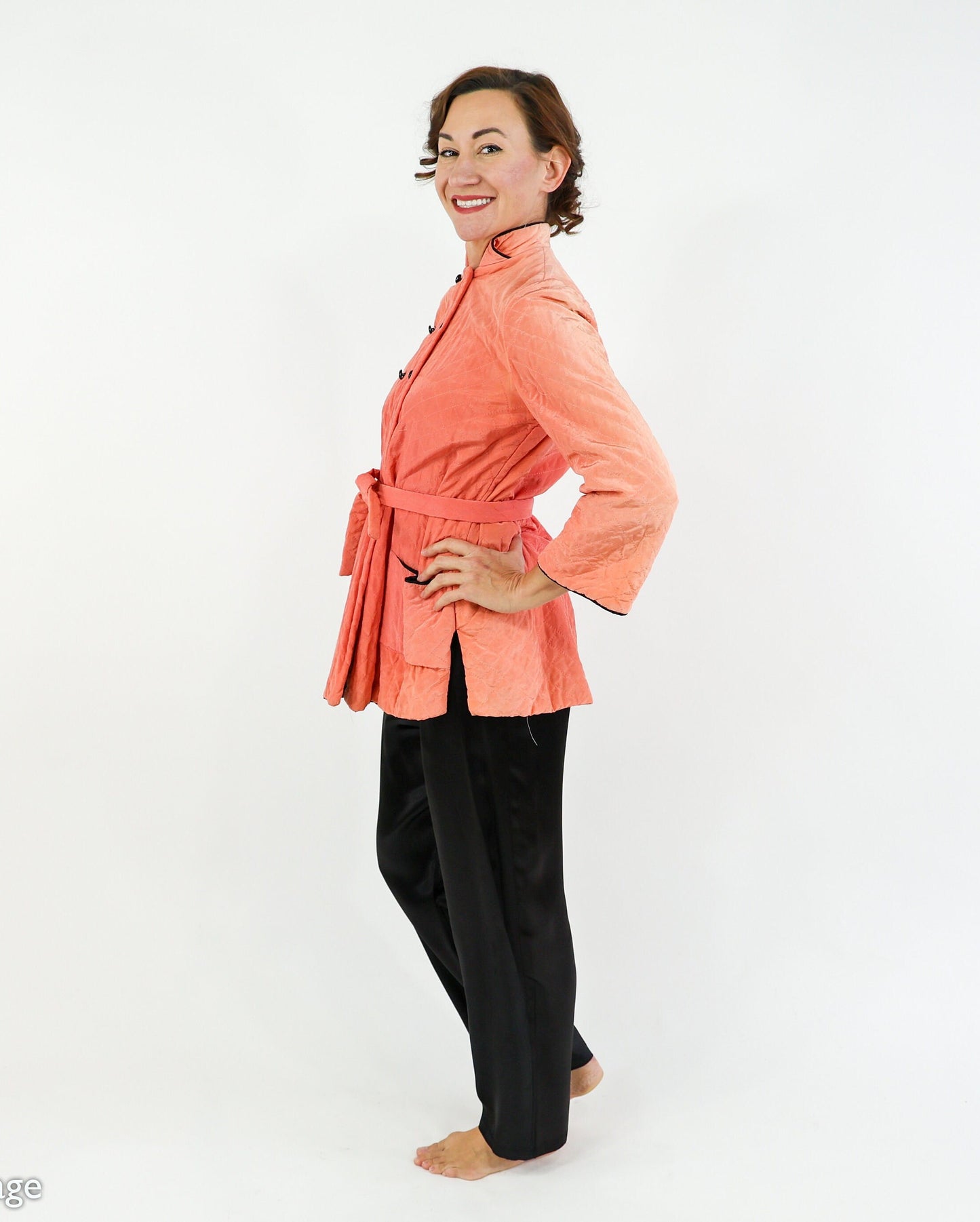 1940s Coral Quilted Pajamas Set, Peach Robe & Slacks, Medium
