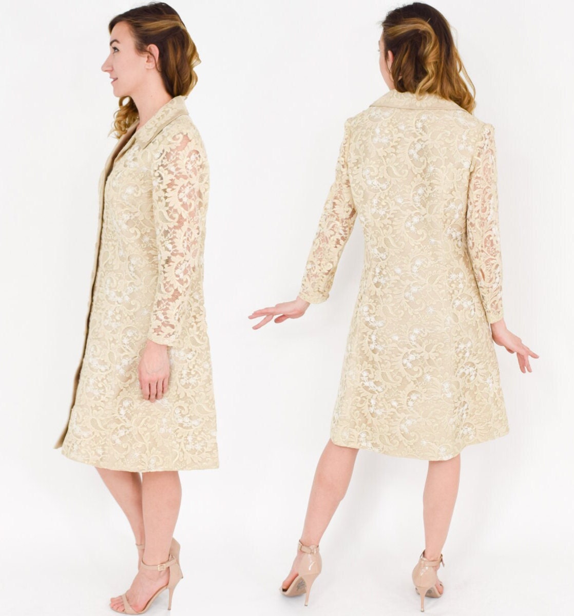 1960s Beige Lace & Silk Shantung Wedding Dress & Coat Set, Medium