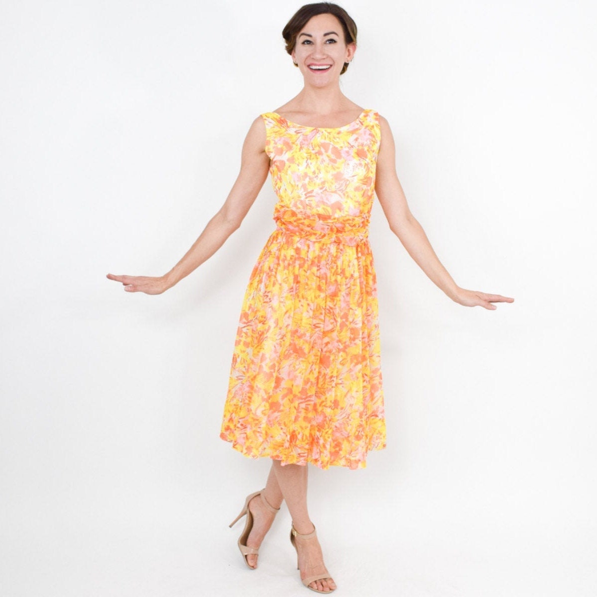 1950s Yellow Flowered Chiffon Dress | 50s Yellow & Orange Floral Dress | Small
