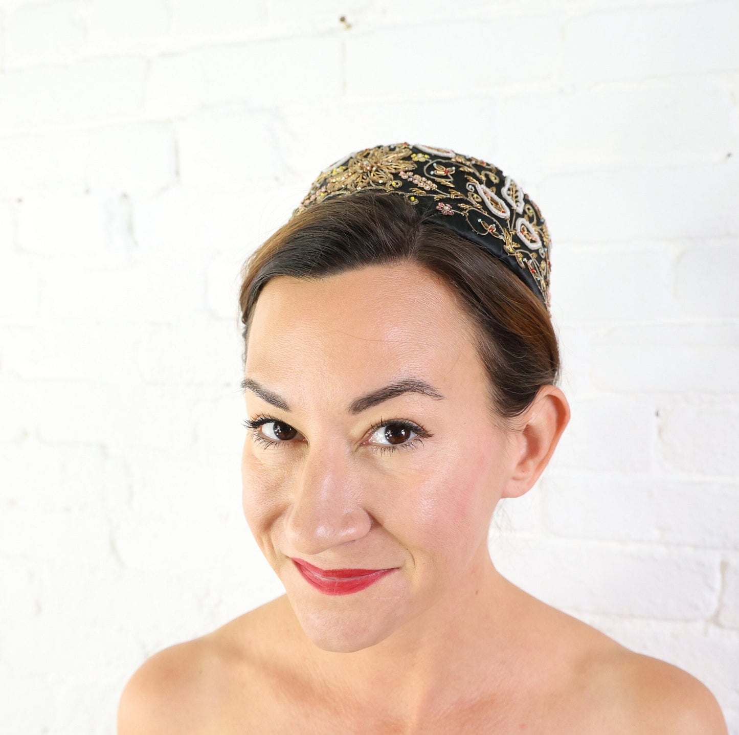 1950s Black Silk Pillbox Hat with Gold Embroidery
