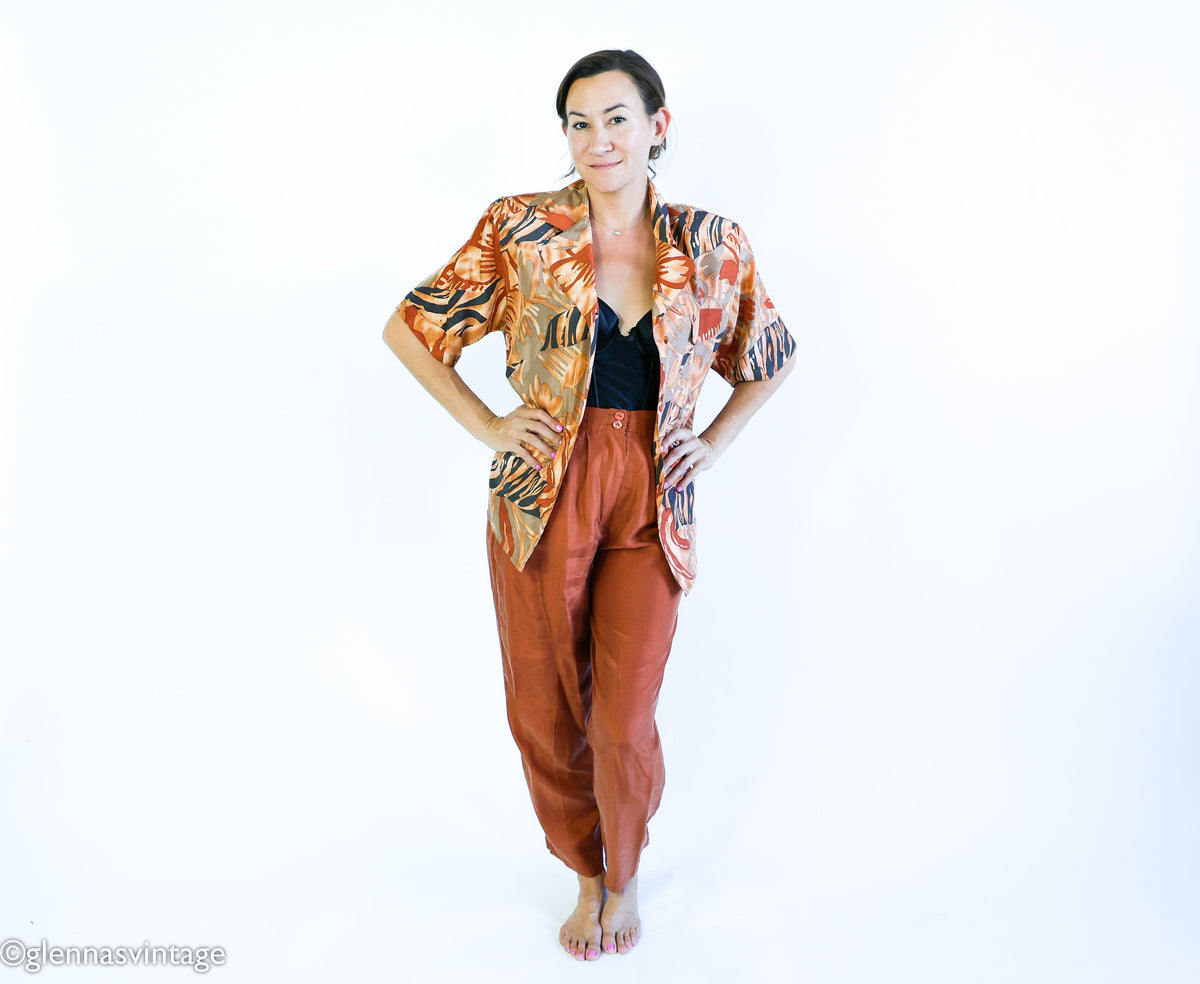 1980s Brown Tropical Print Silk Top Pant Set, Medium