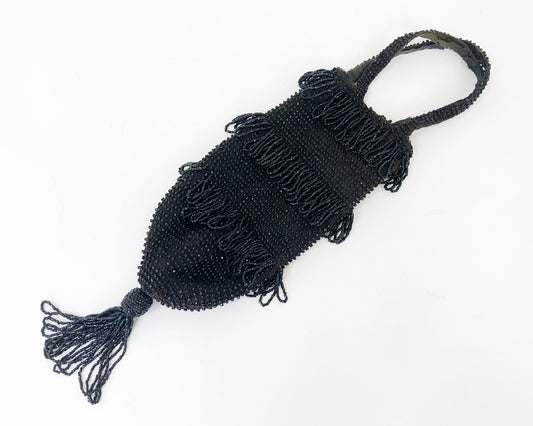 1900s Black Glass Bead Purse with Tassel