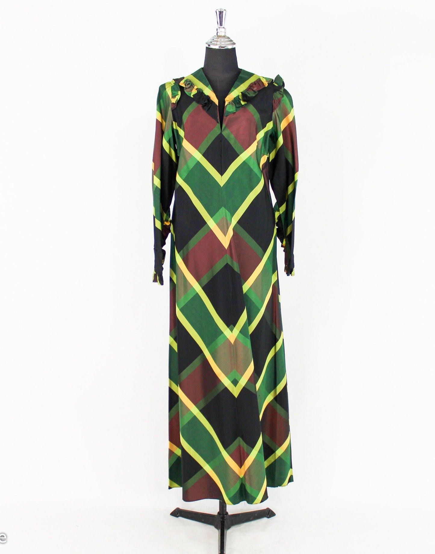 1940s Green Plaid Hostess Dress | 40s Green Chevron Striped Taffeta Dress |  Medium