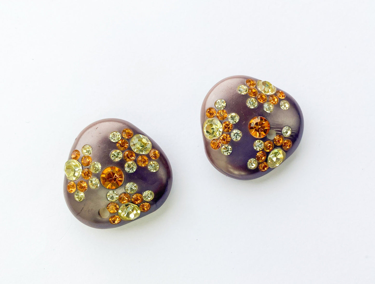 1960s Brown Rhinestone Earrings | 60s Brown Lucite & Rhinestone Clip Earrings
