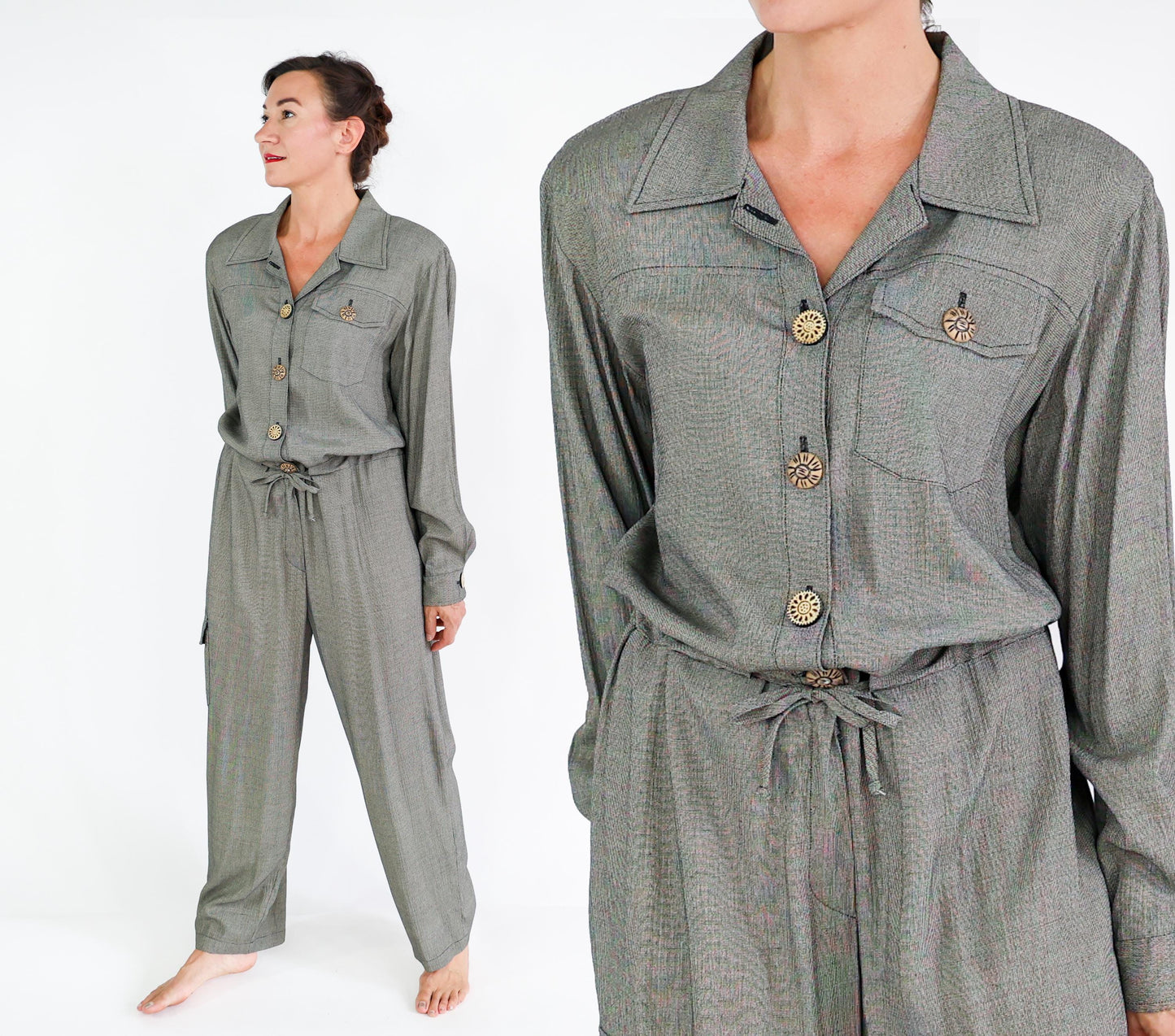 1980s Gray Woven Rayon Jumpsuit, 44