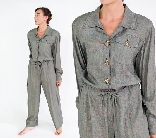 1980s Gray Woven Rayon Jumpsuit, 44