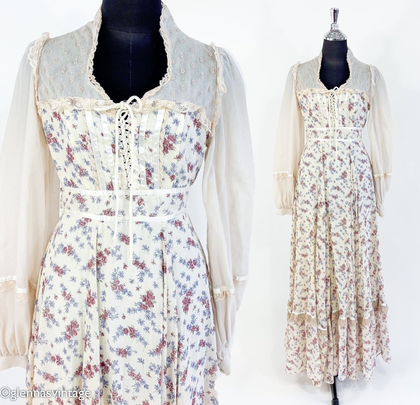 1970s Beige Gunne Sax Floral Maxi Dress, XS
