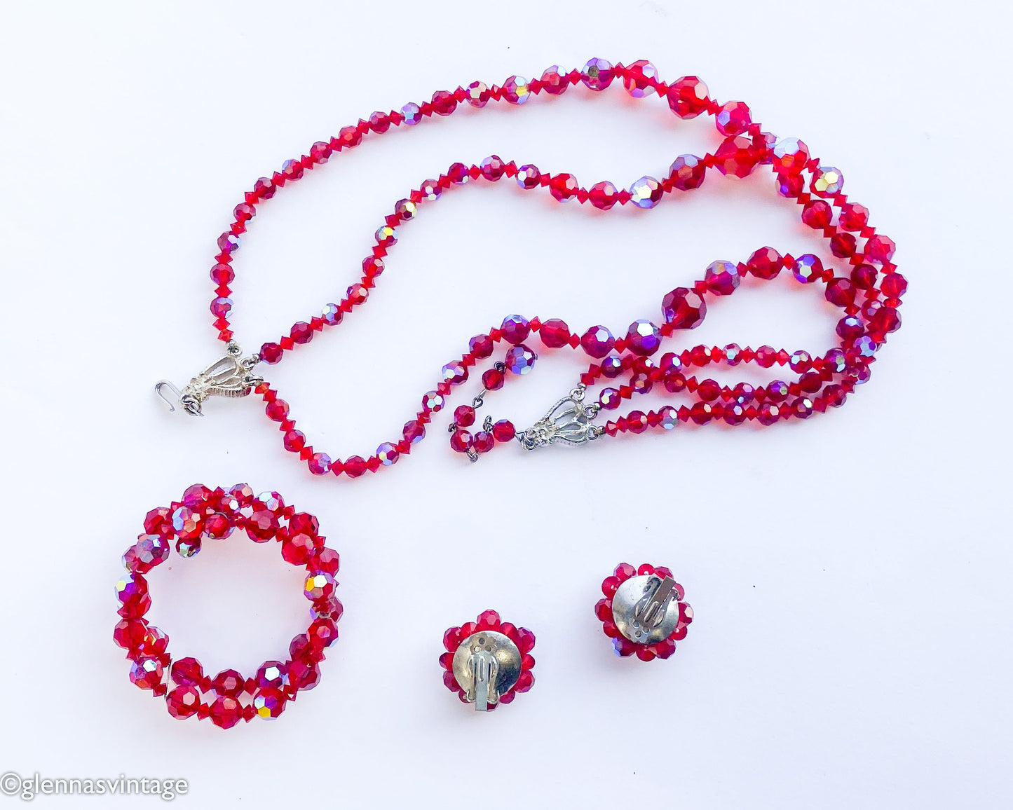 1950s Red Aurora Borealis Crystal Necklace Bracelet Earrings Set, Parure Jewelry set