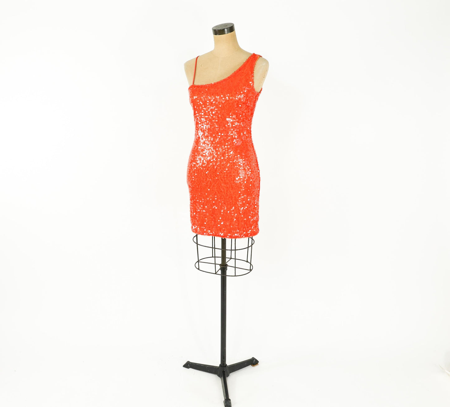 1990s Orange Sequin Mini Dress, One Shoulder Party Dress, Small