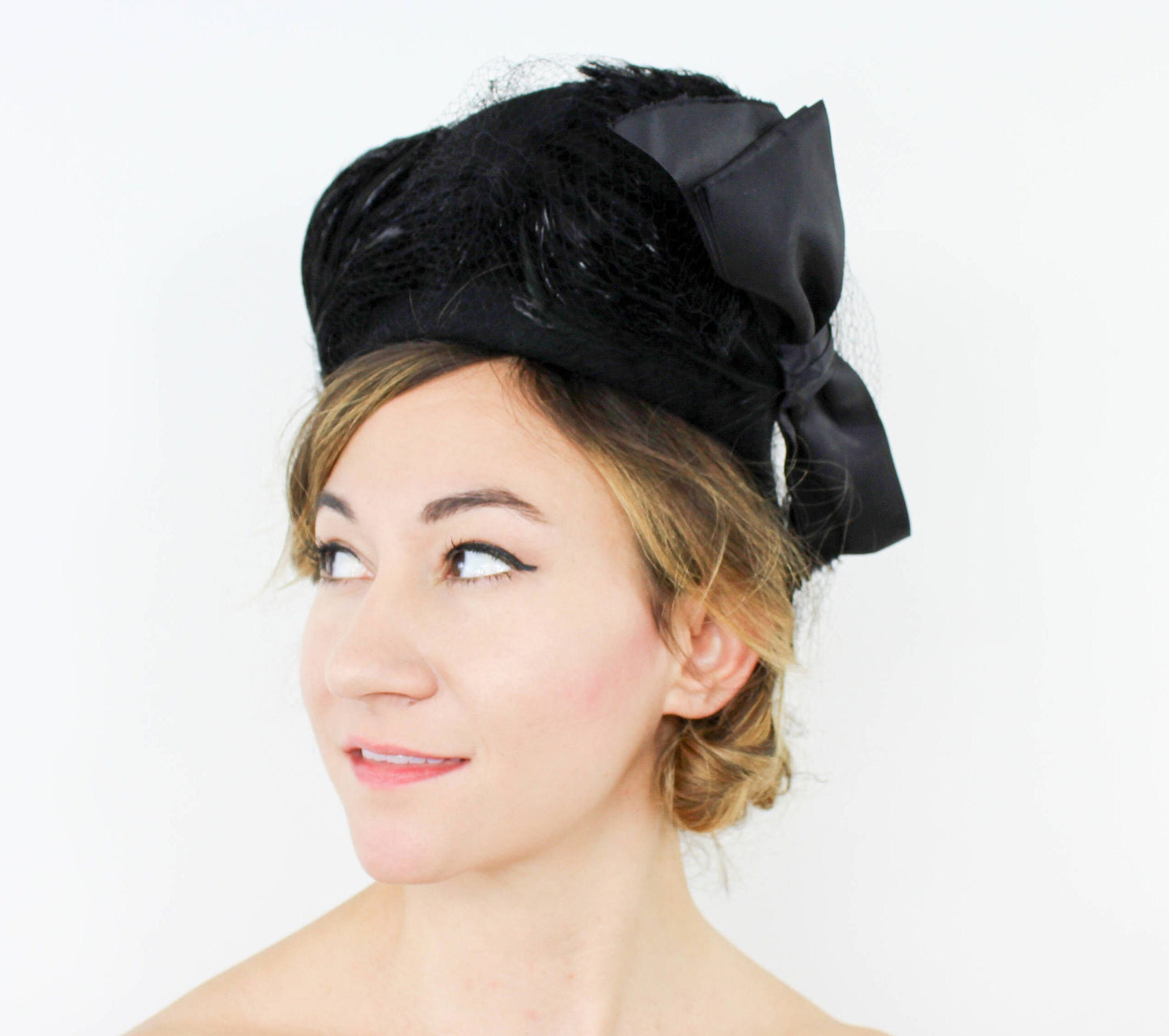 1940s Black Feather Hat with Satin Bow