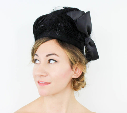 1940s Black Feather Hat with Satin Bow