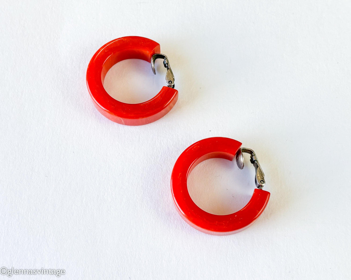 1940s Red Bakelite Earrings | Red Hoop Plastic Clips