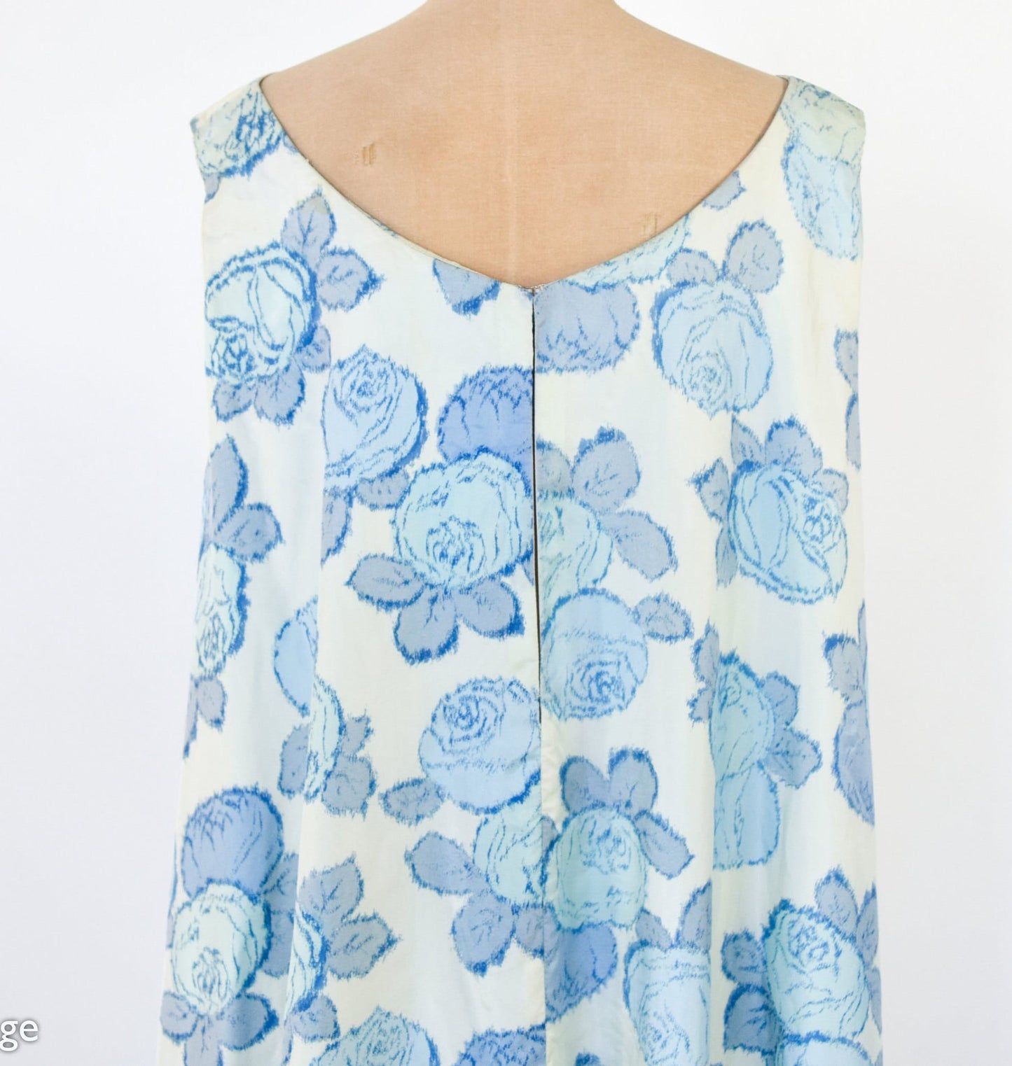 1950s Blue Rose Print Silk Dress with Full Cape Back, XS Extra Small