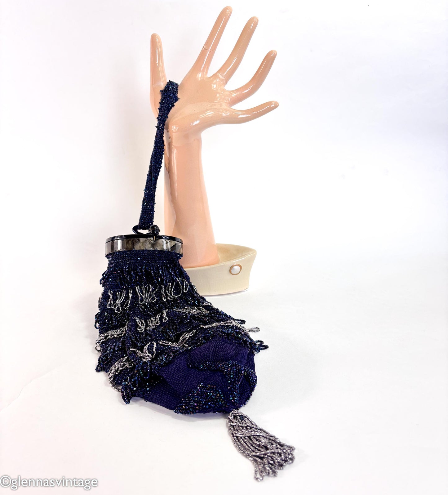 1900s Navy Beaded Pouch Evening Bag with Lucite Lid