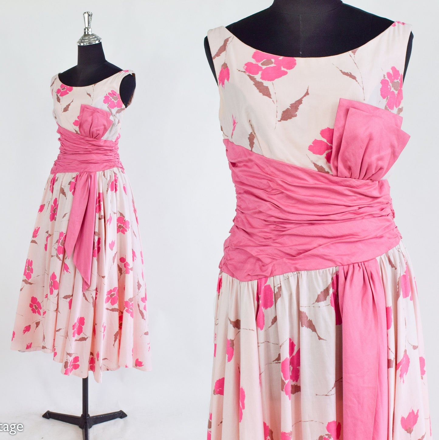 1950s Pink Floral Cotton Party Dress, Small