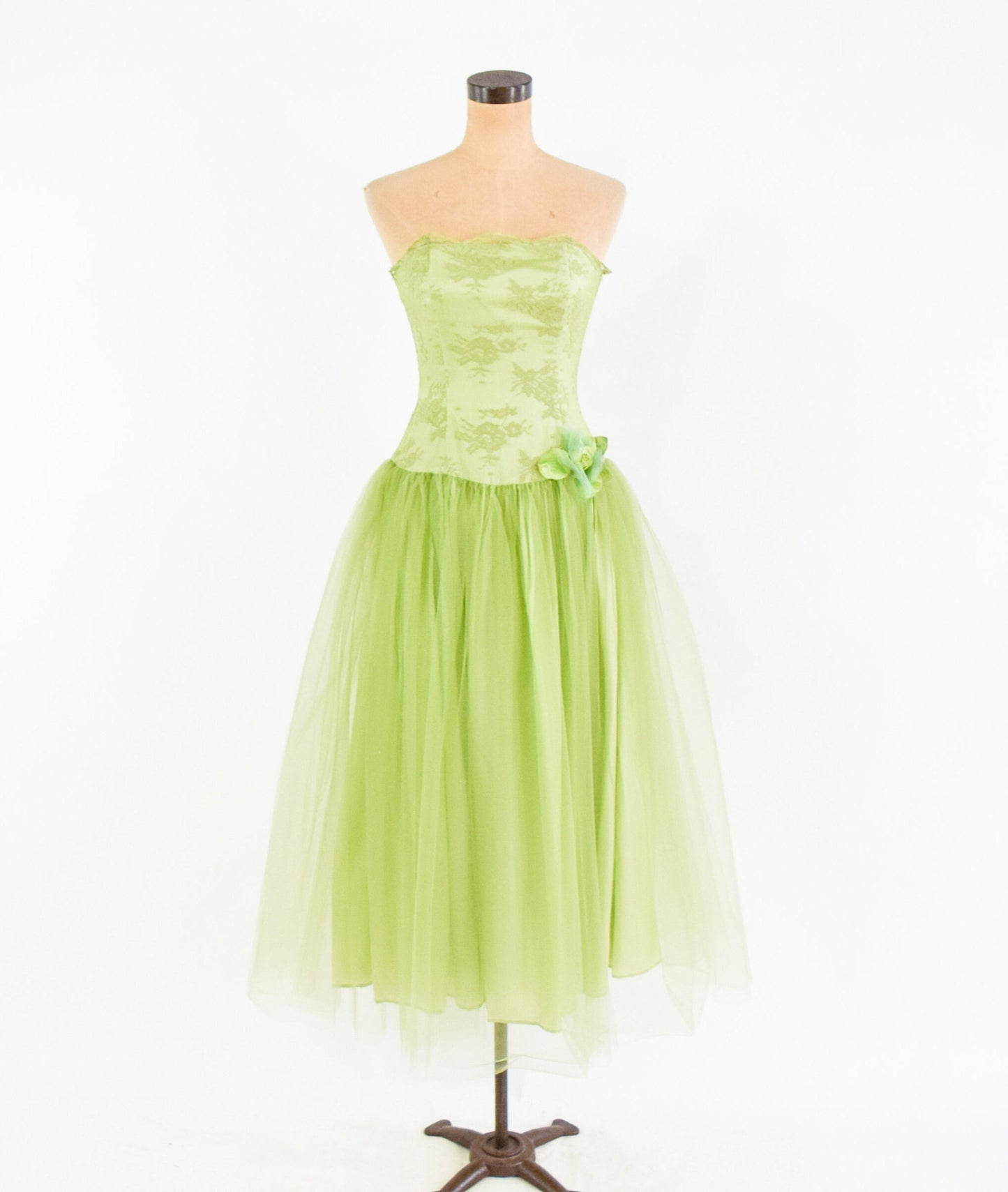 1990s Lime Green Party Dress | 90s Green Lace & Tulle Prom Dress | Green Strapless Evening Dress | Jessica McClintock | Small