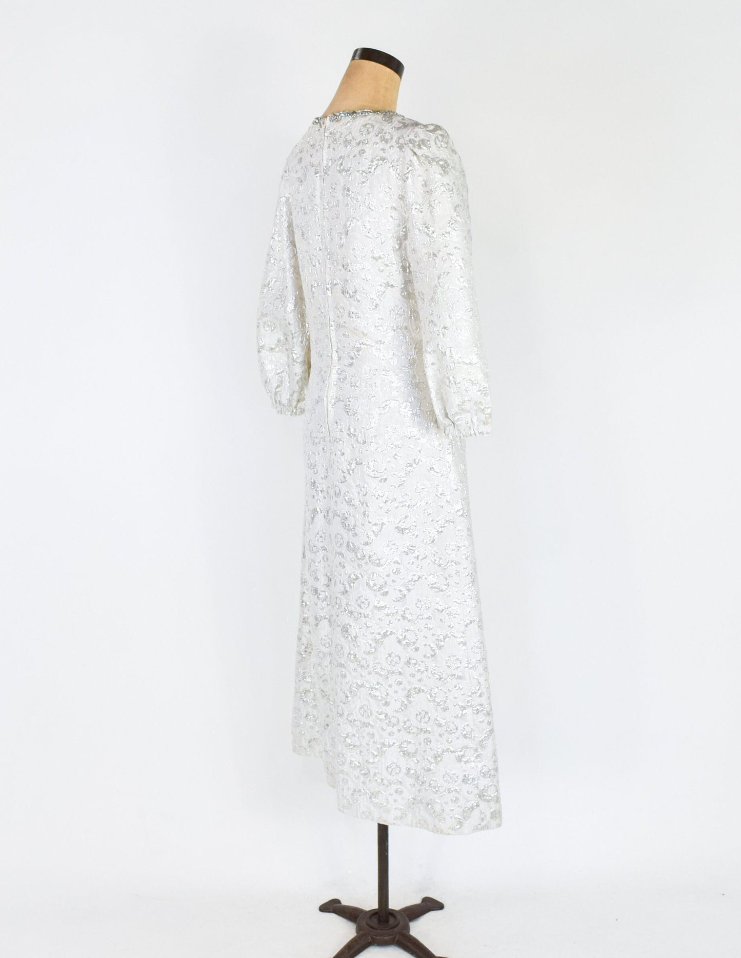1970s Silver Brocade Evening Dress | 70s Silver Lamé Brocade Maxi Dress | Small