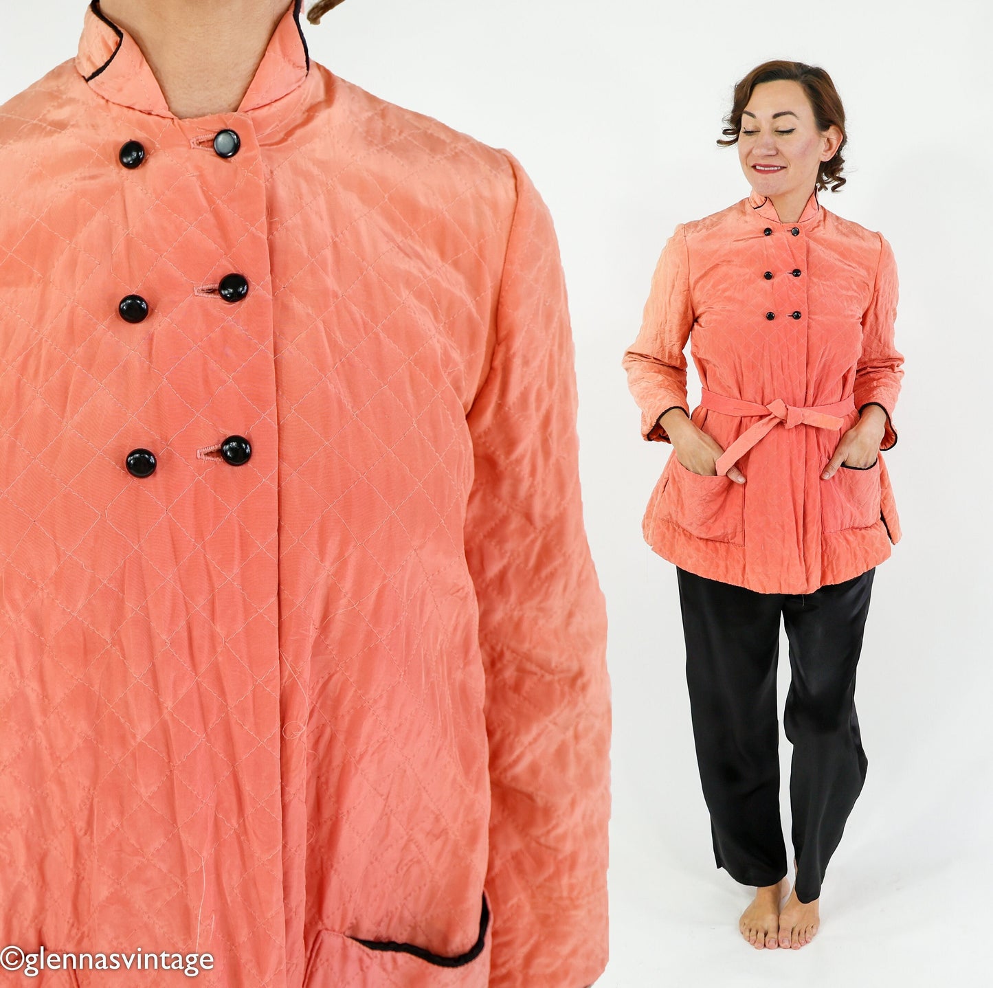 1940s Coral Quilted Pajamas Set, Peach Robe & Slacks, Medium