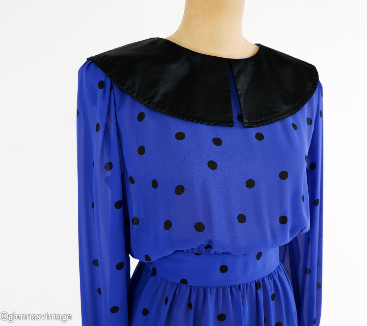 1980s Albert Nipon Blue Polka Dot Chiffon Dress, Small