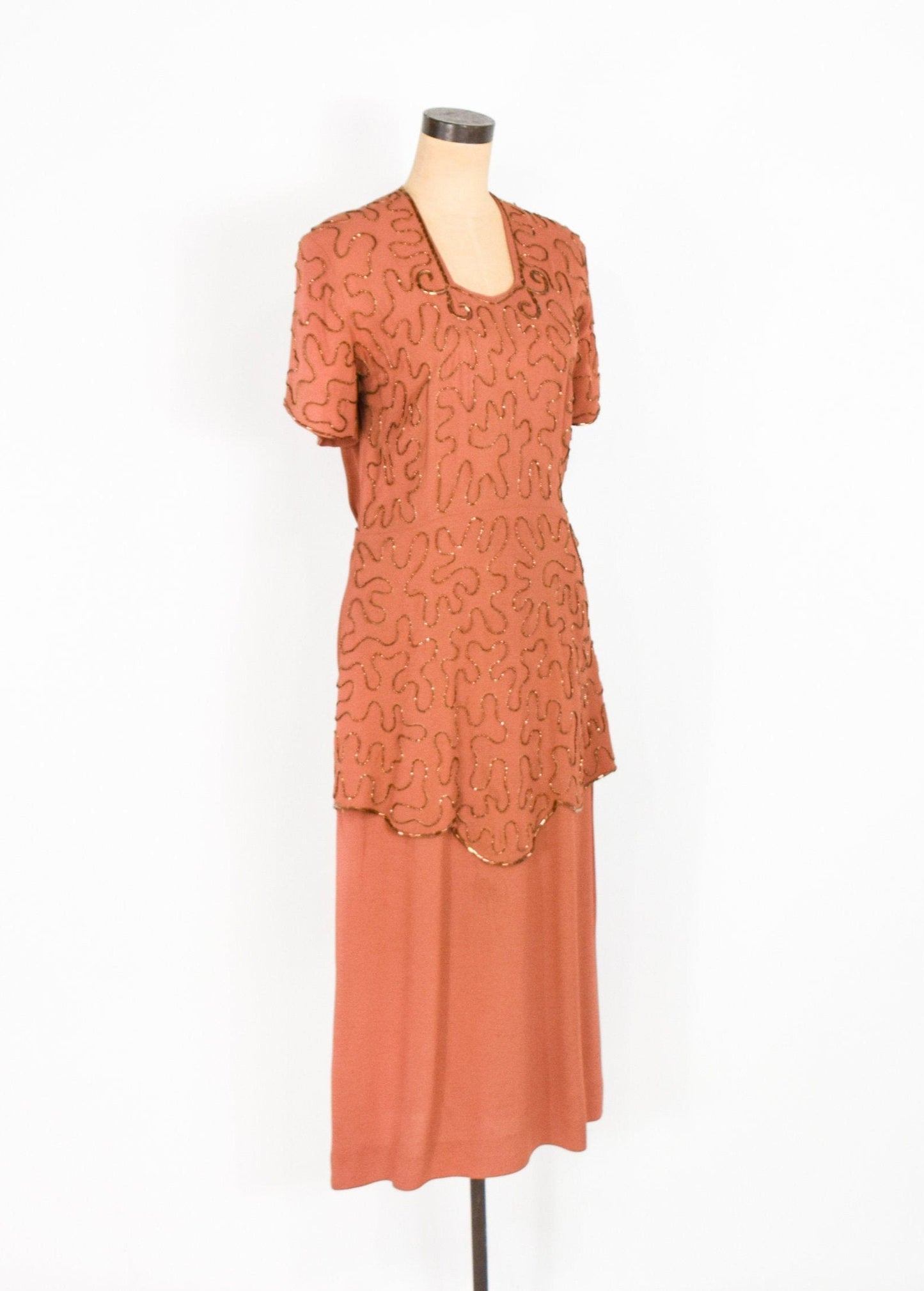 1940s Copper Beaded Evening Dress | 40s Orange Beaded Evening Gown | Old Hollywood | Large