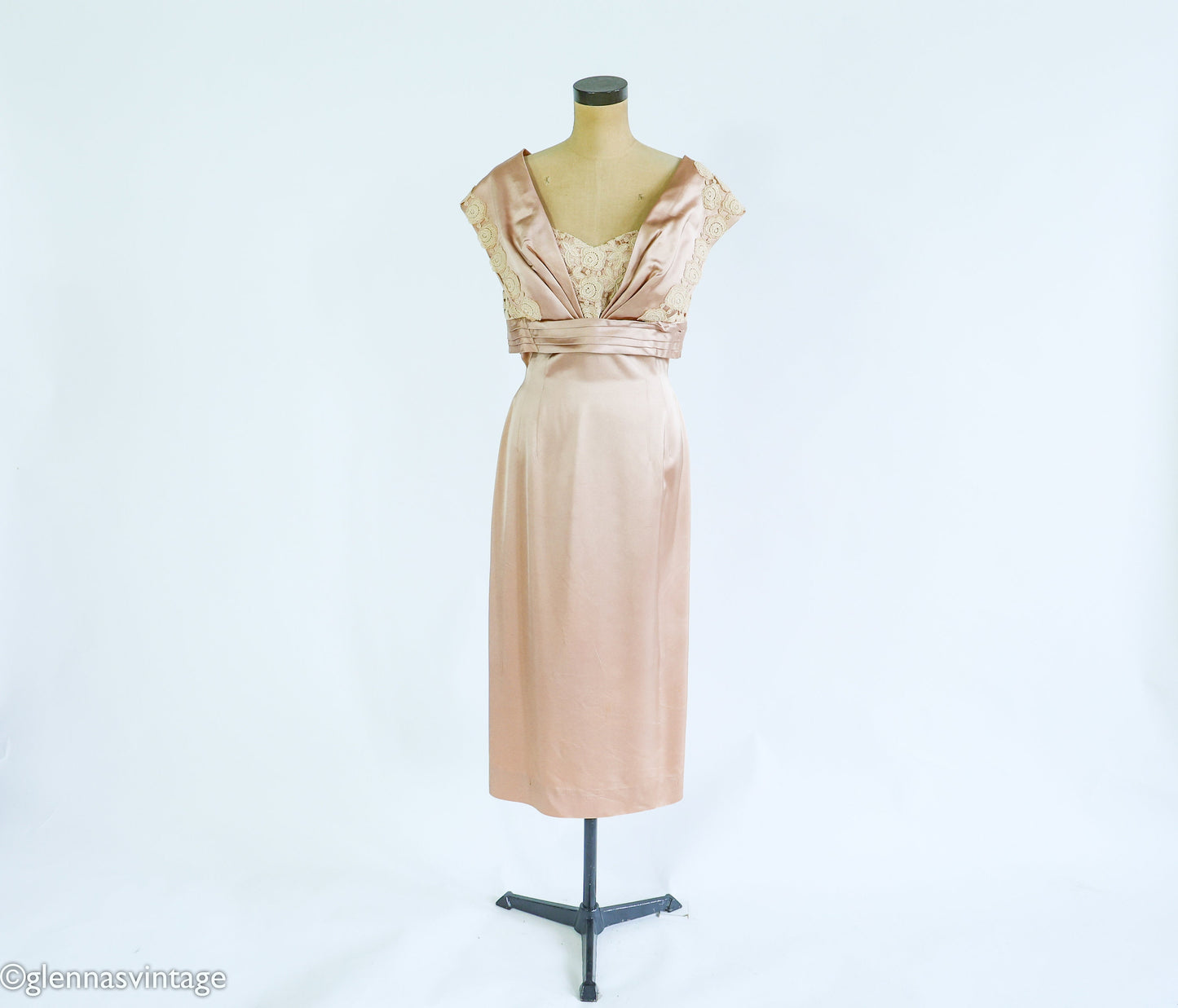 1950s Taupe Champagne Satin Cocktail Dress, Medium
