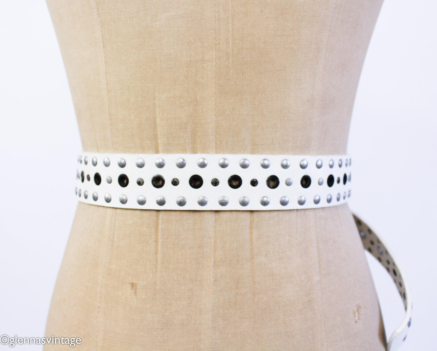 1980s White Leather Rivet Belt with Silver Buckle, Medium