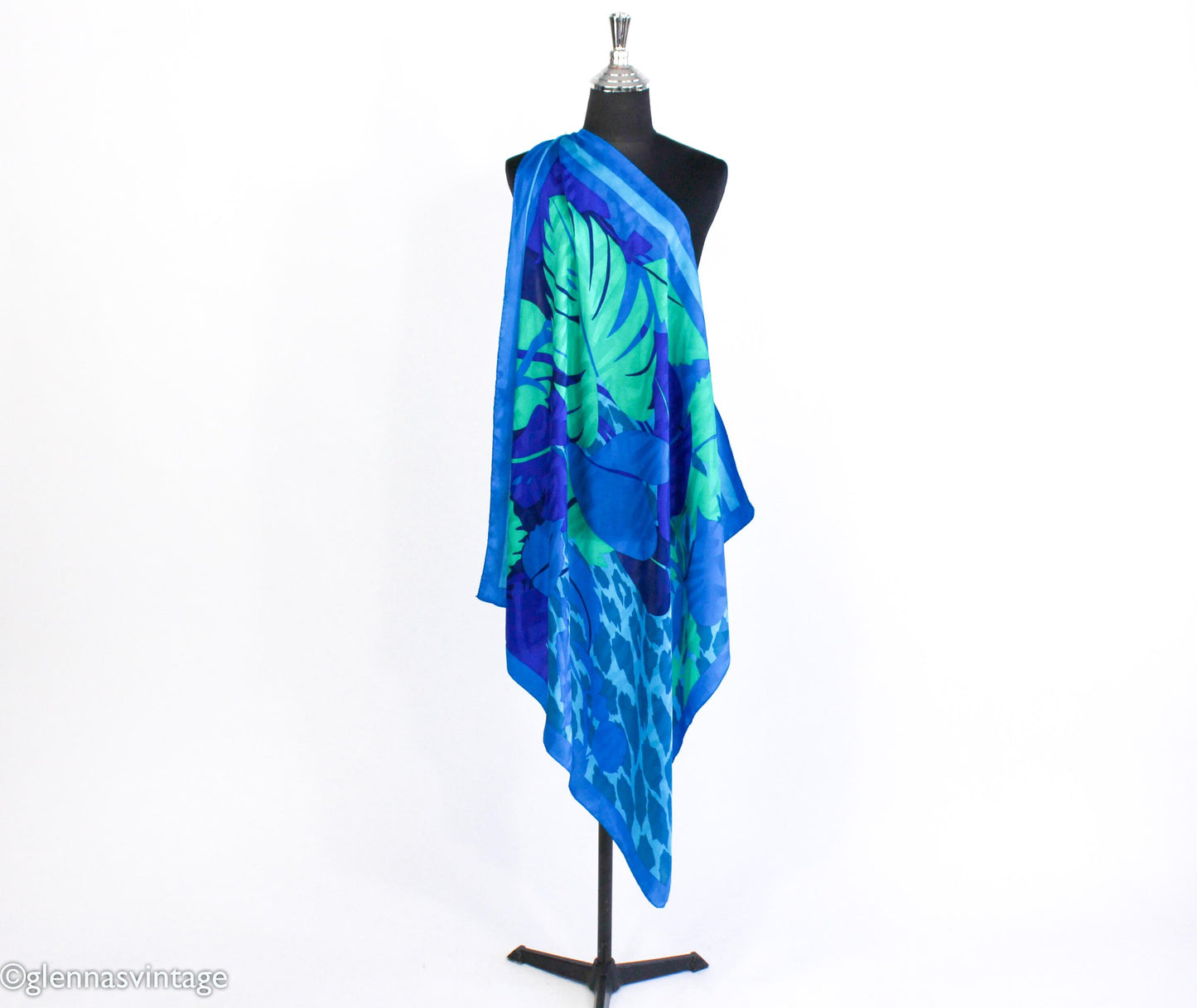 1980s Turquoise Blue Print Silk Scarf