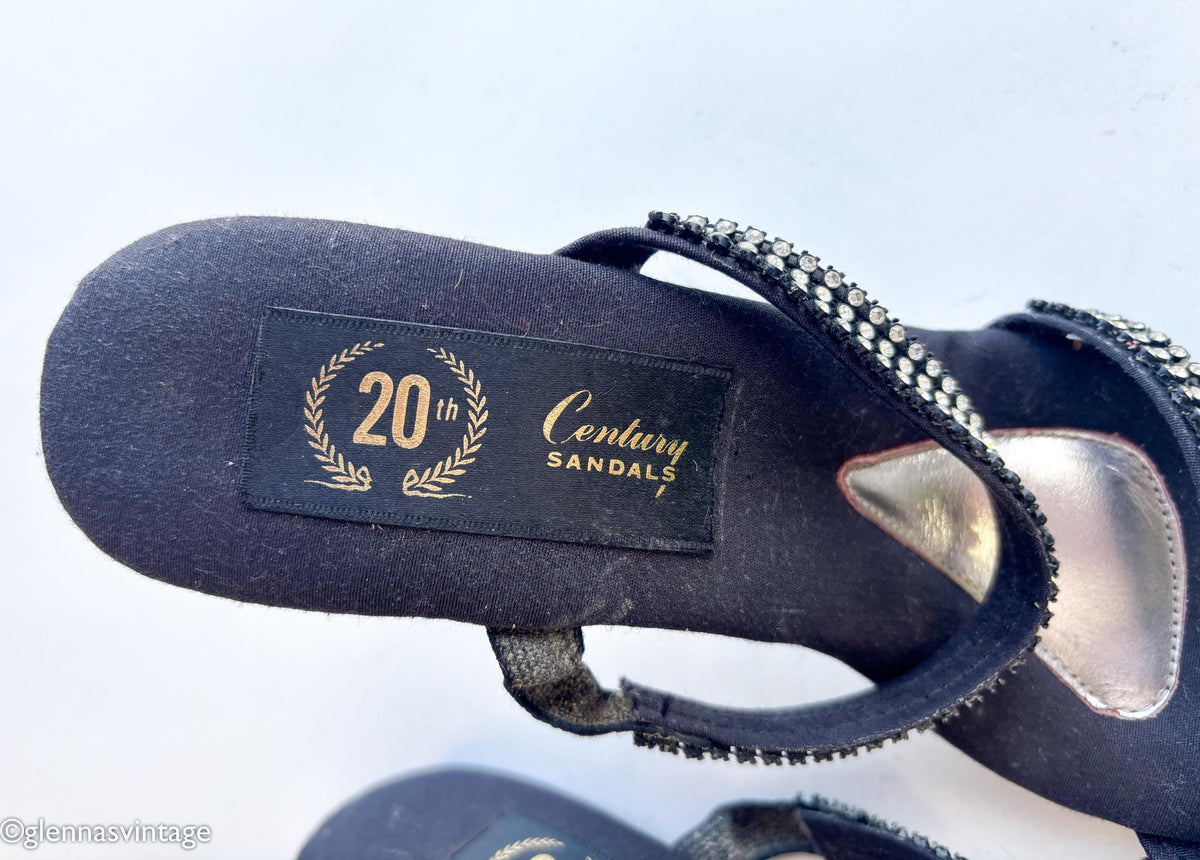 1950s Black Rhinestone Strappy Heels Sandals, US 8