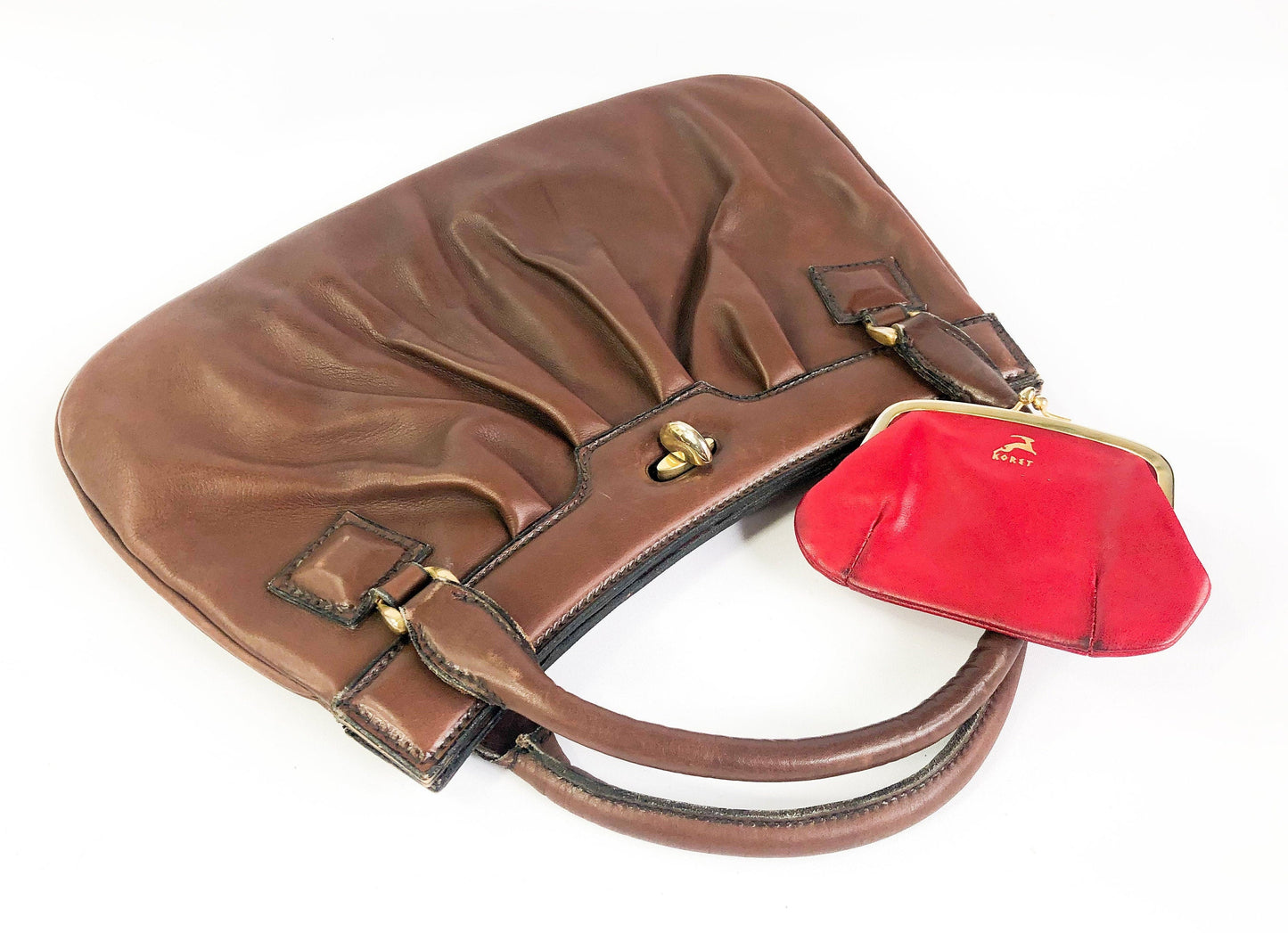 1950s Brown Leather Handbag | 50s Brown & Red Leather Handbag | Koret