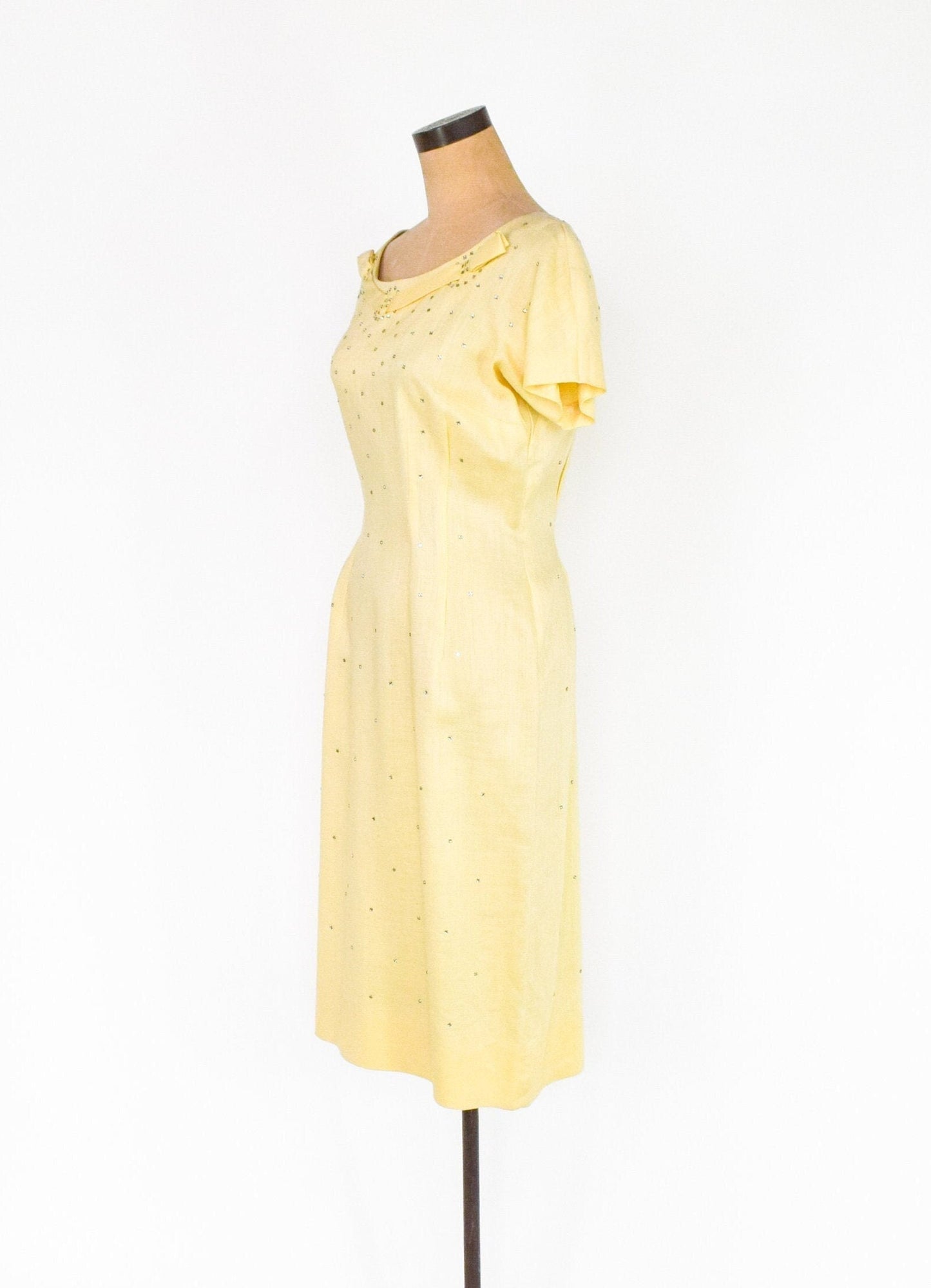 1950s Yellow Linen Sheath | 50s Yellow Cocktail Dress, Large