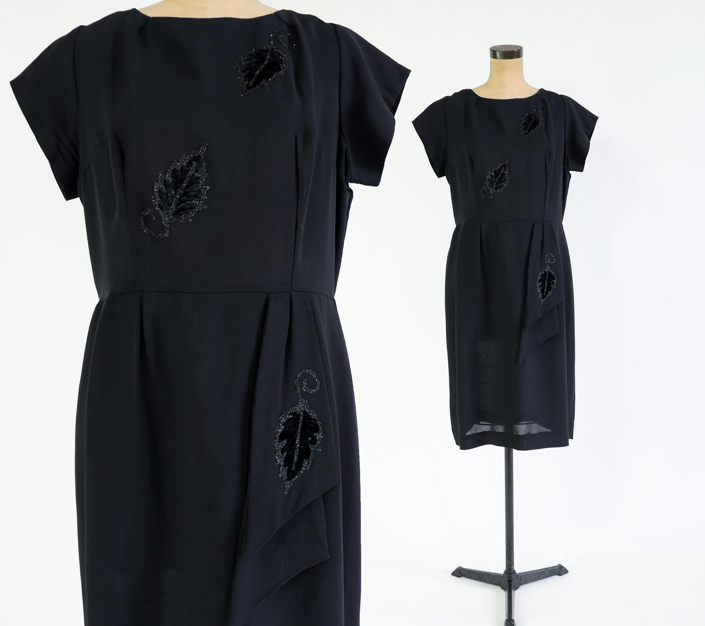 1950s Black Rayon Crepe Dress, Extra Large