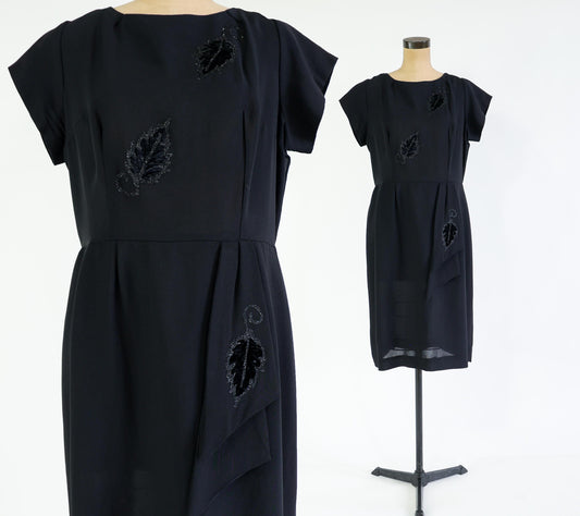 1950s Black Rayon Crepe Dress, Extra Large