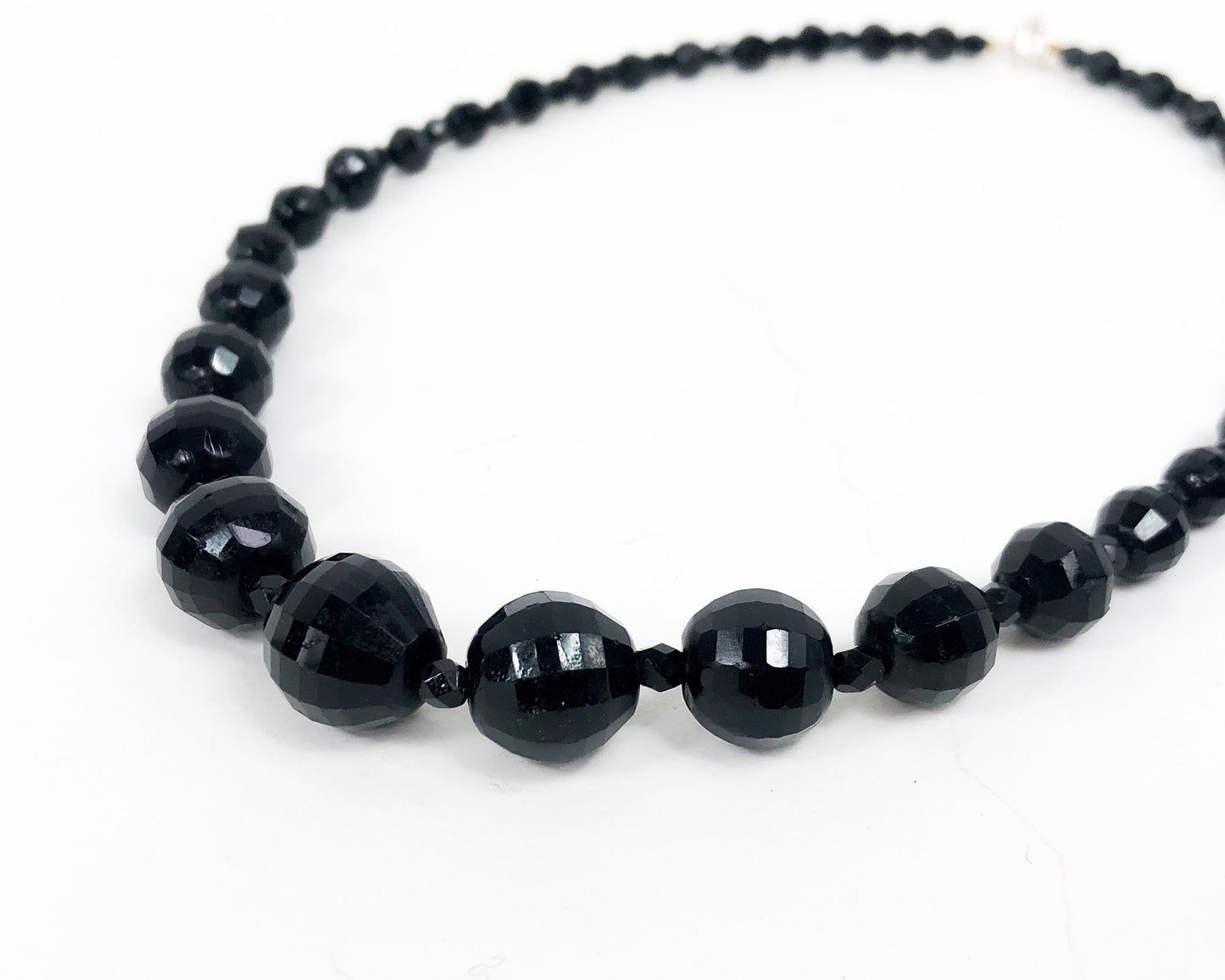 1950s Black Glass Bead Necklace | 50s Black Faceted Glass Choker