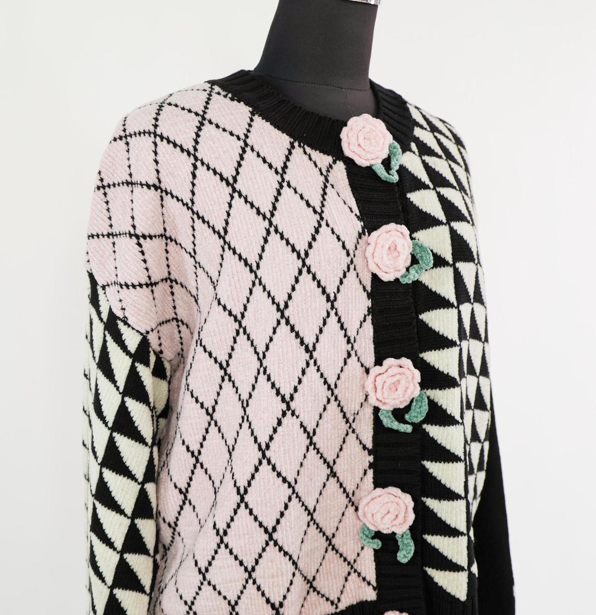 1980s Pink Black Geometric Chenille Cardigan, Large