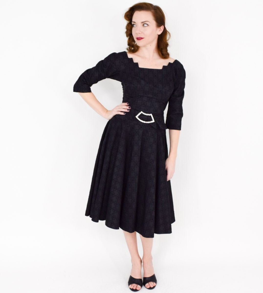 1940s Black Taffeta Cocktail Dress with Rhinestone Belt, Small