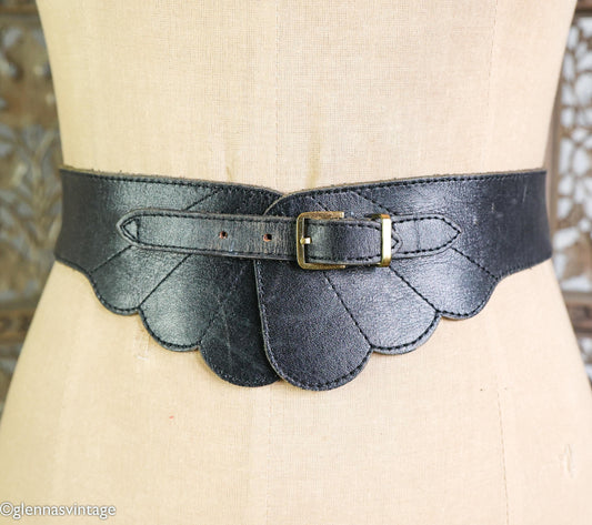 1950s Black Leather Scalloped Belt