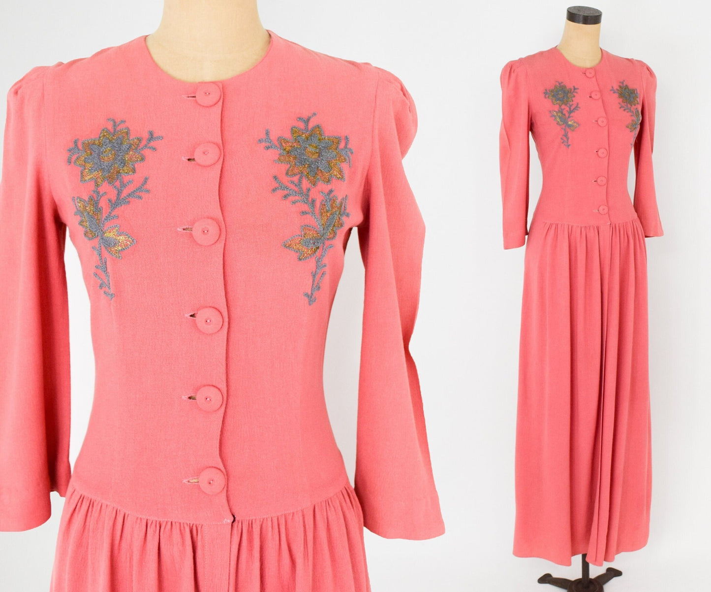 1940s Coral Crepe Evening Dress | 40s Coral Lounging Gown | Pink Crepe Long Dress | Barbara | Medium