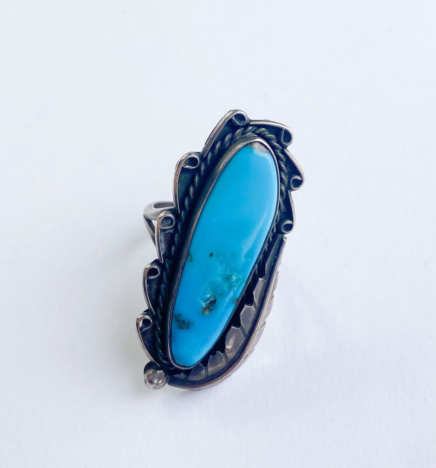 Vintage 1960s Turquoise Sterling Silver Ring | Southwest Feather Design, 6 1/2