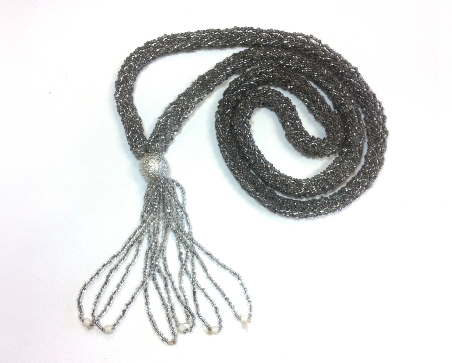 1900s Silver Glass Beaded Rope Necklace | Flapper Tassel Pendant