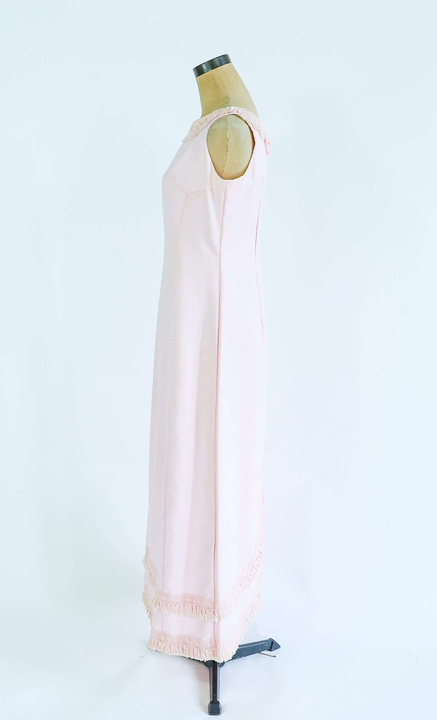 1960s Pink Fringe Column Dress | 60s Pale Pink Cotton Maxi Dress | Emma Domb | Medium