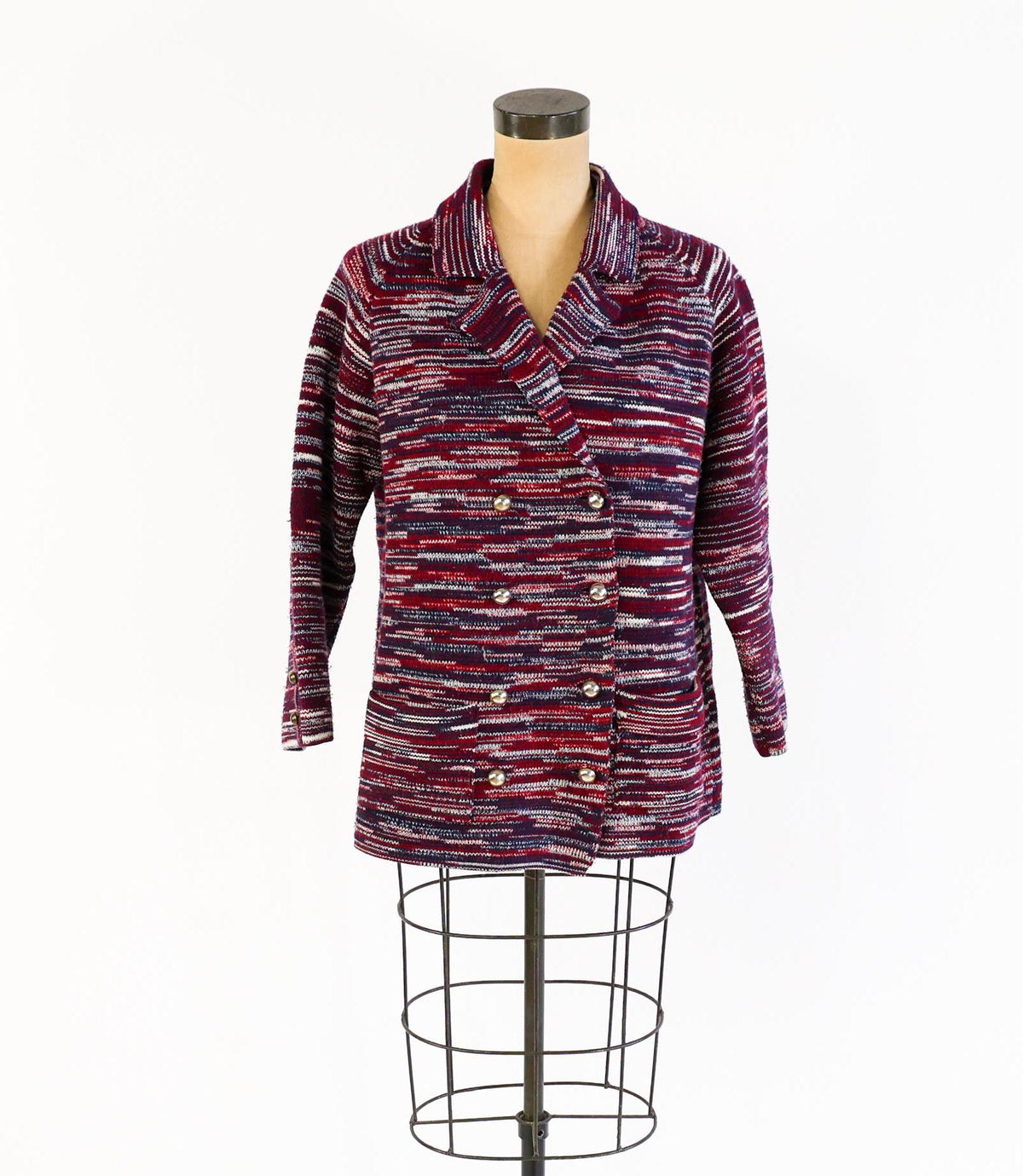 1970s Red Blue Striped Knit Cardigan Jacket by I. Magnin Double, Large