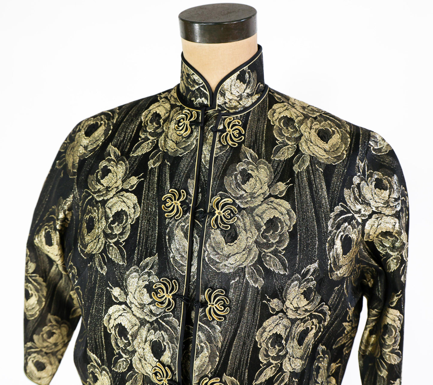 1950s Black Gold Metallic Brocade Cheongsam Dress and Matching Jacket, Large