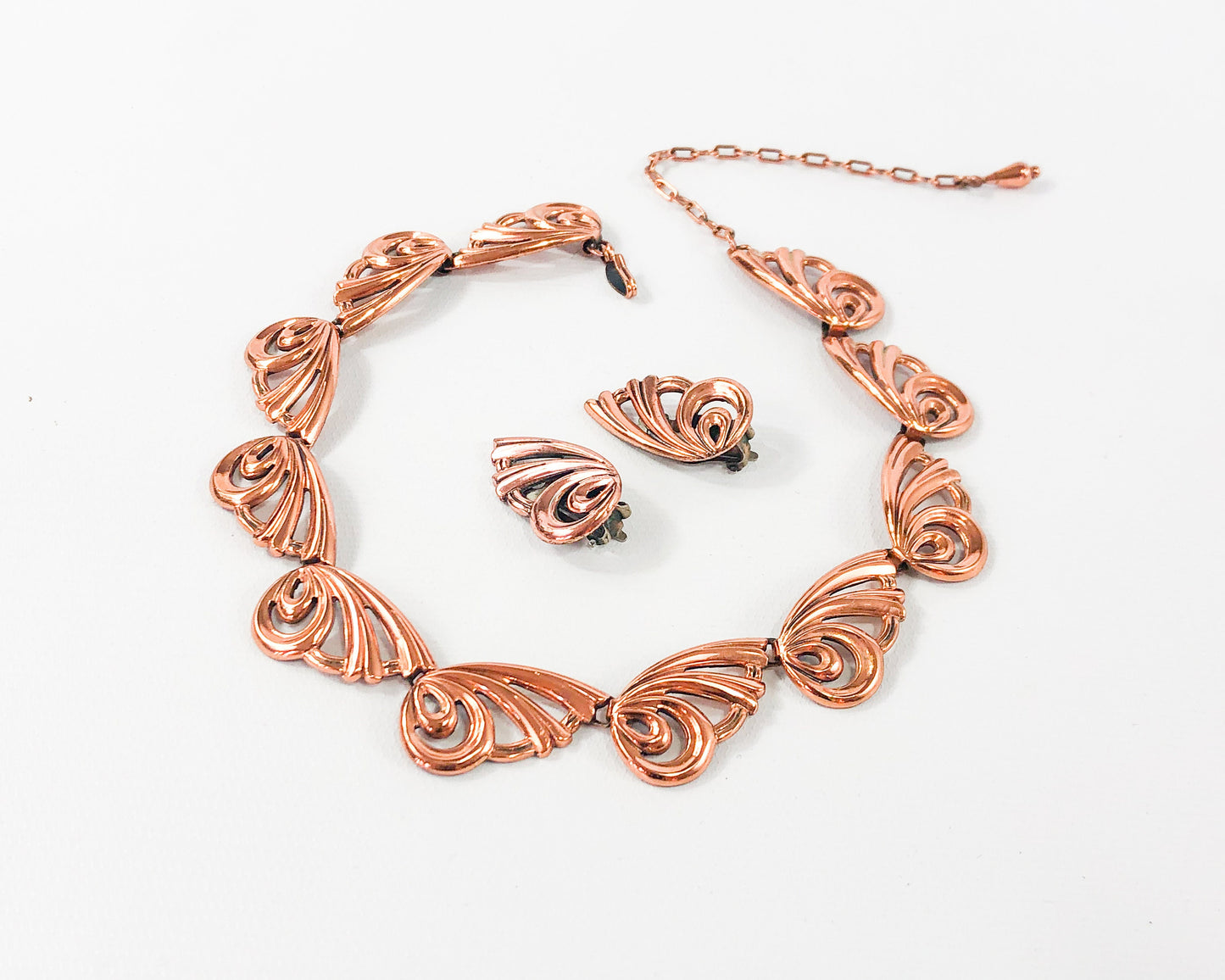 1950s Copper Swirl Necklace & Earring Set, Renoir Jewelry Hat