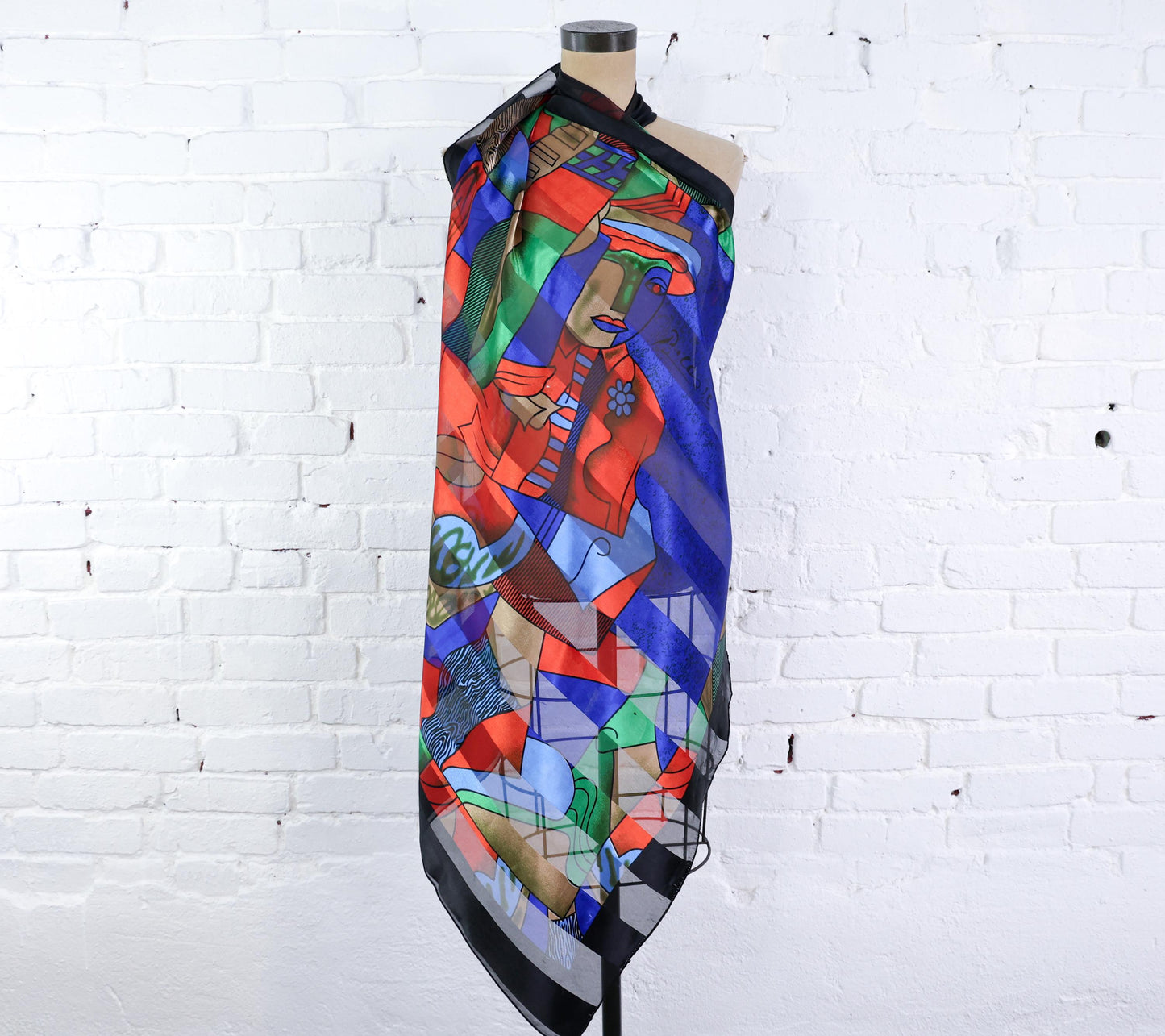 1980s Picasso Black & Blue Abstract Print Scarf