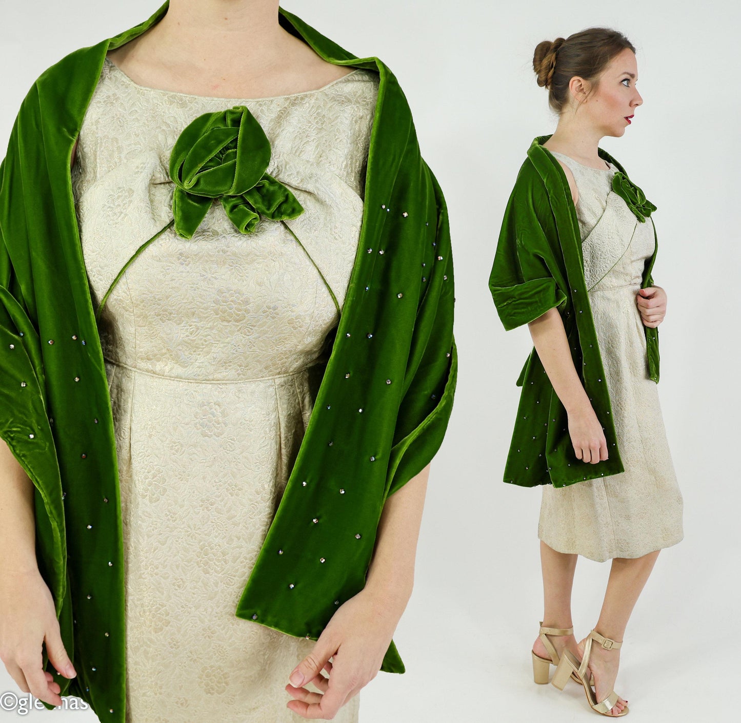 1950s Vintage Brocade Cocktail Dress with Green Velvet Rhinestone Shawl | Medium