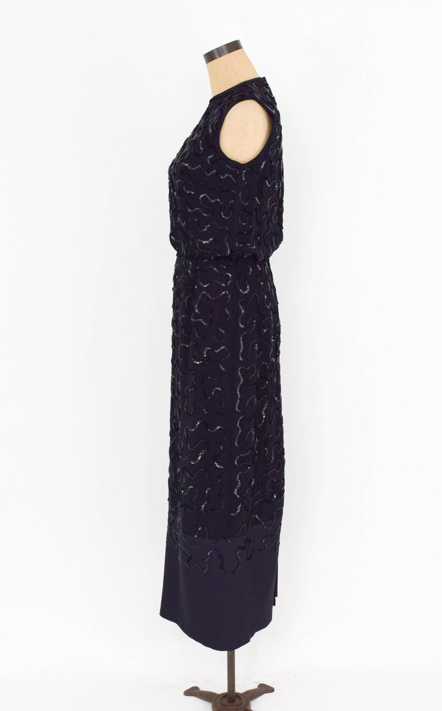 1950s Black Sequin Evening Dress | 50s Black Sleeveless Sequin Formal Dress | Medium