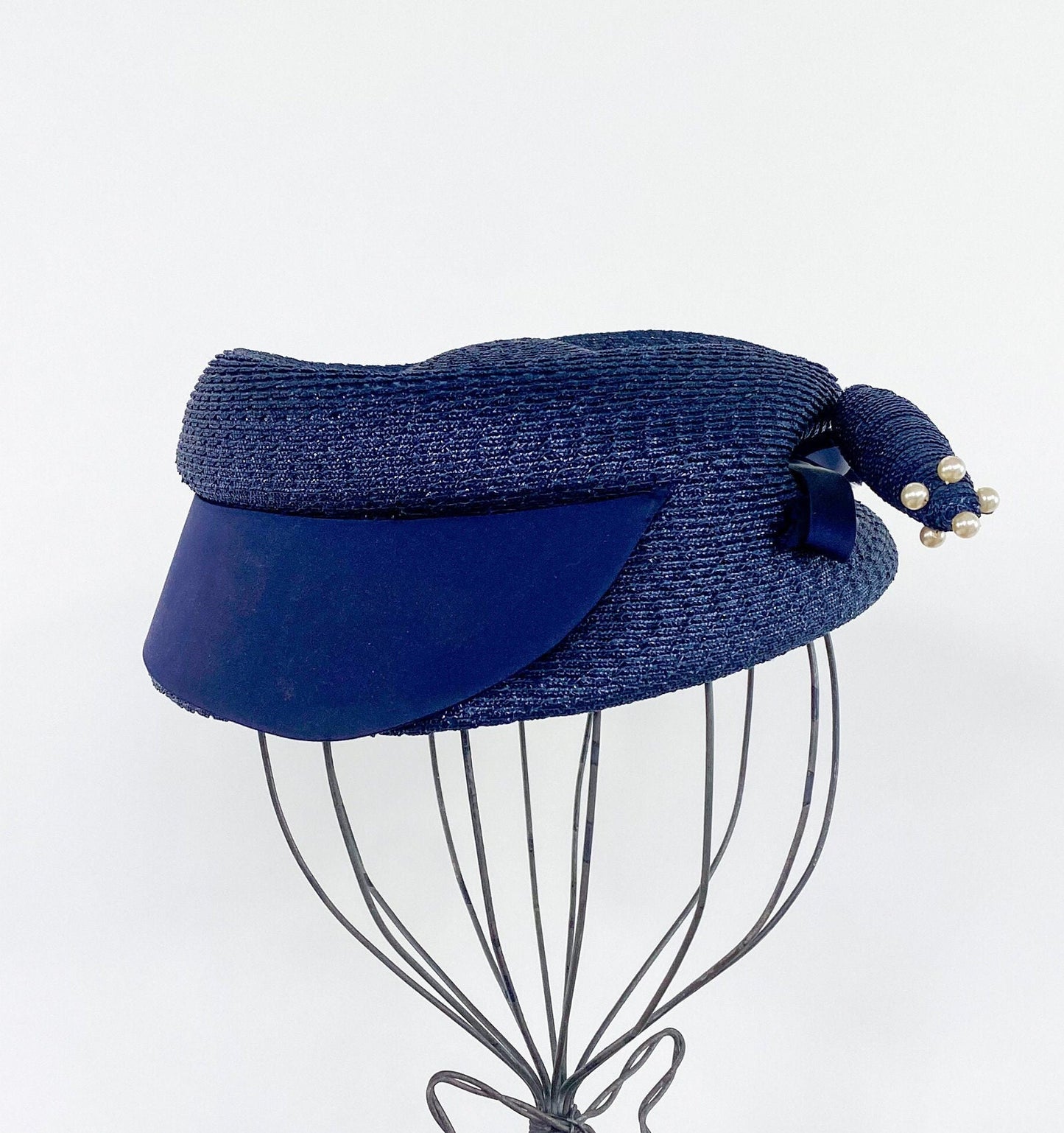 1950s Navy Raffia Pillbox Hat