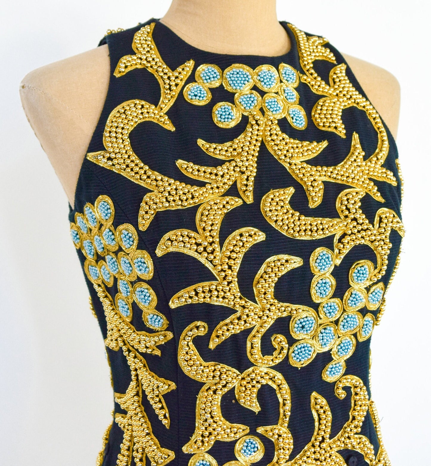 1980s Bill Blass Gold Beaded Cocktail Dress, Small